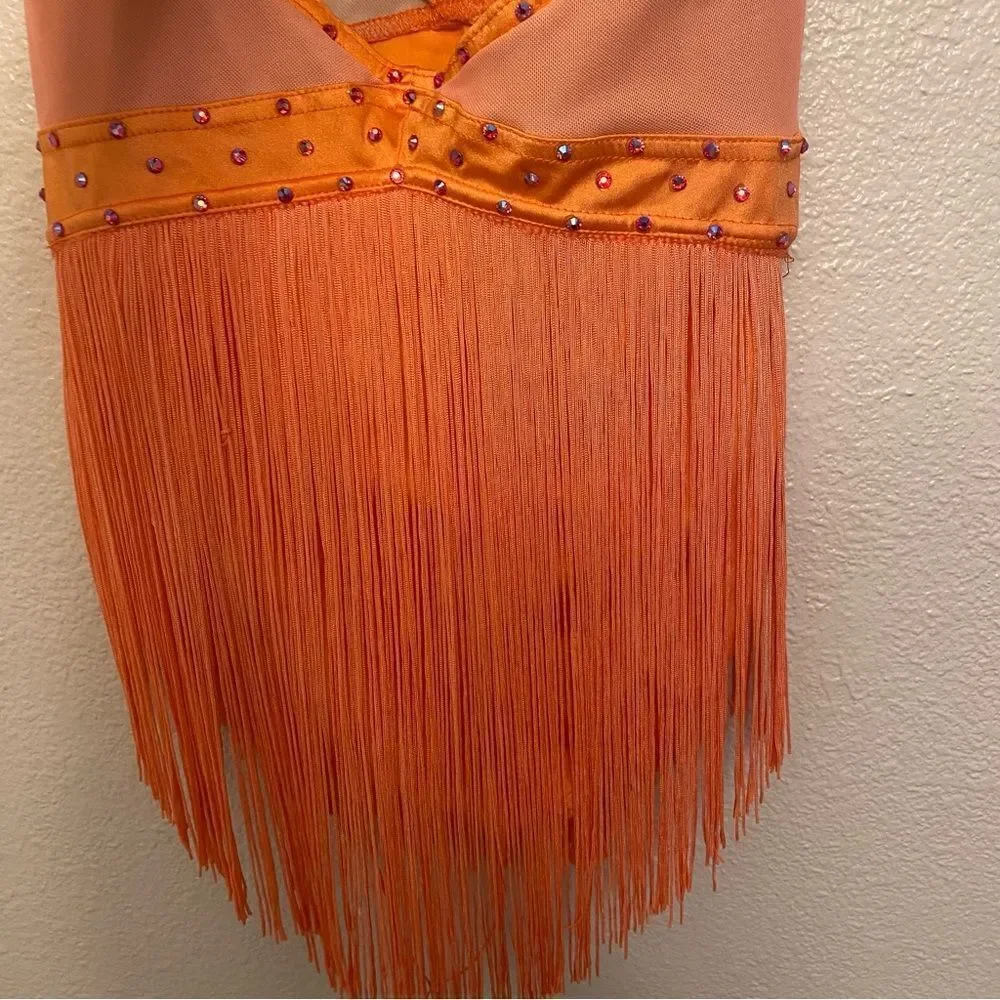 Weissman solo dance costume orange LUSTRE FRINGE HALTER DRESS D11359 SA adult